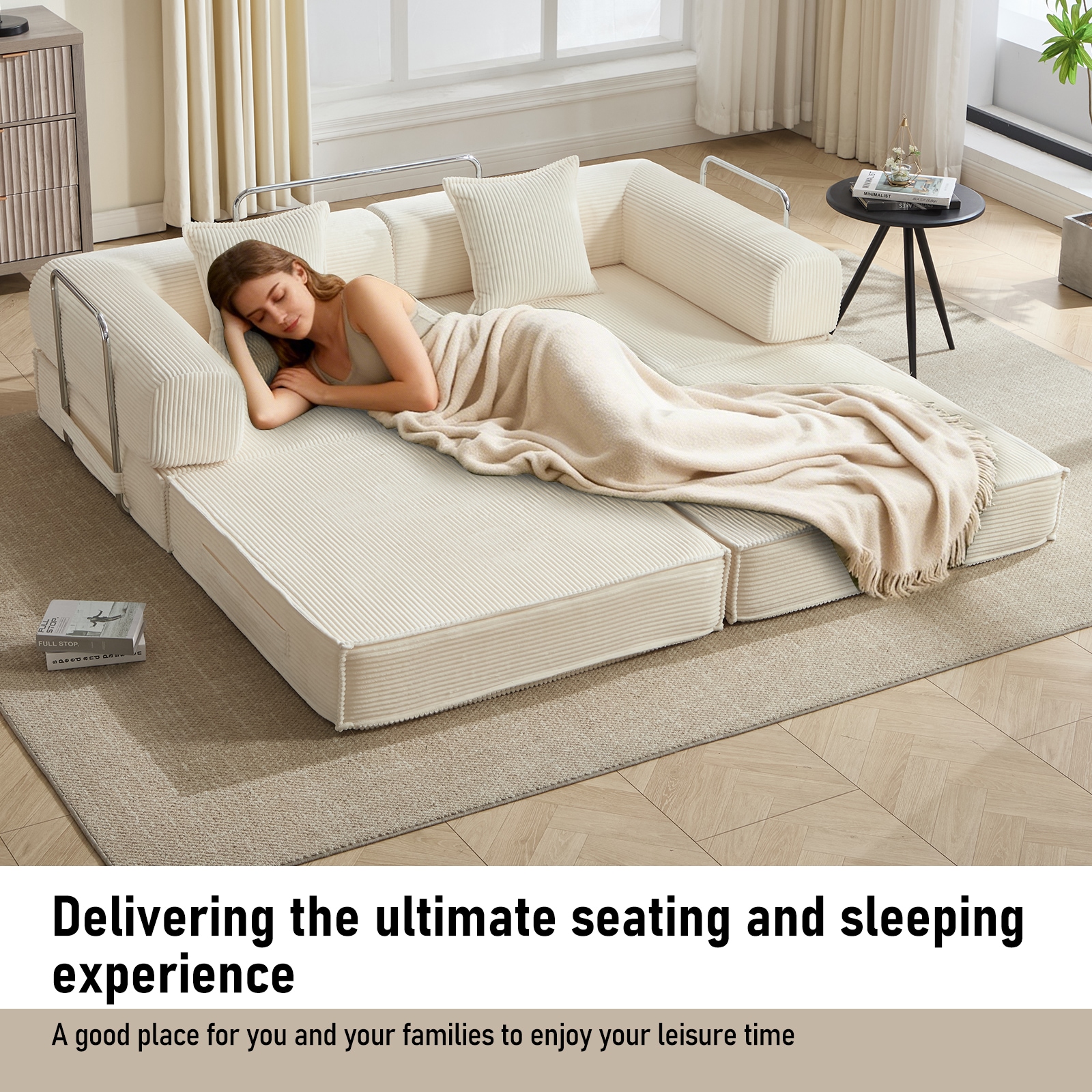 Convertible Sleeper Sofa Bed In Beige With Corduroy Fabric_voghion.com